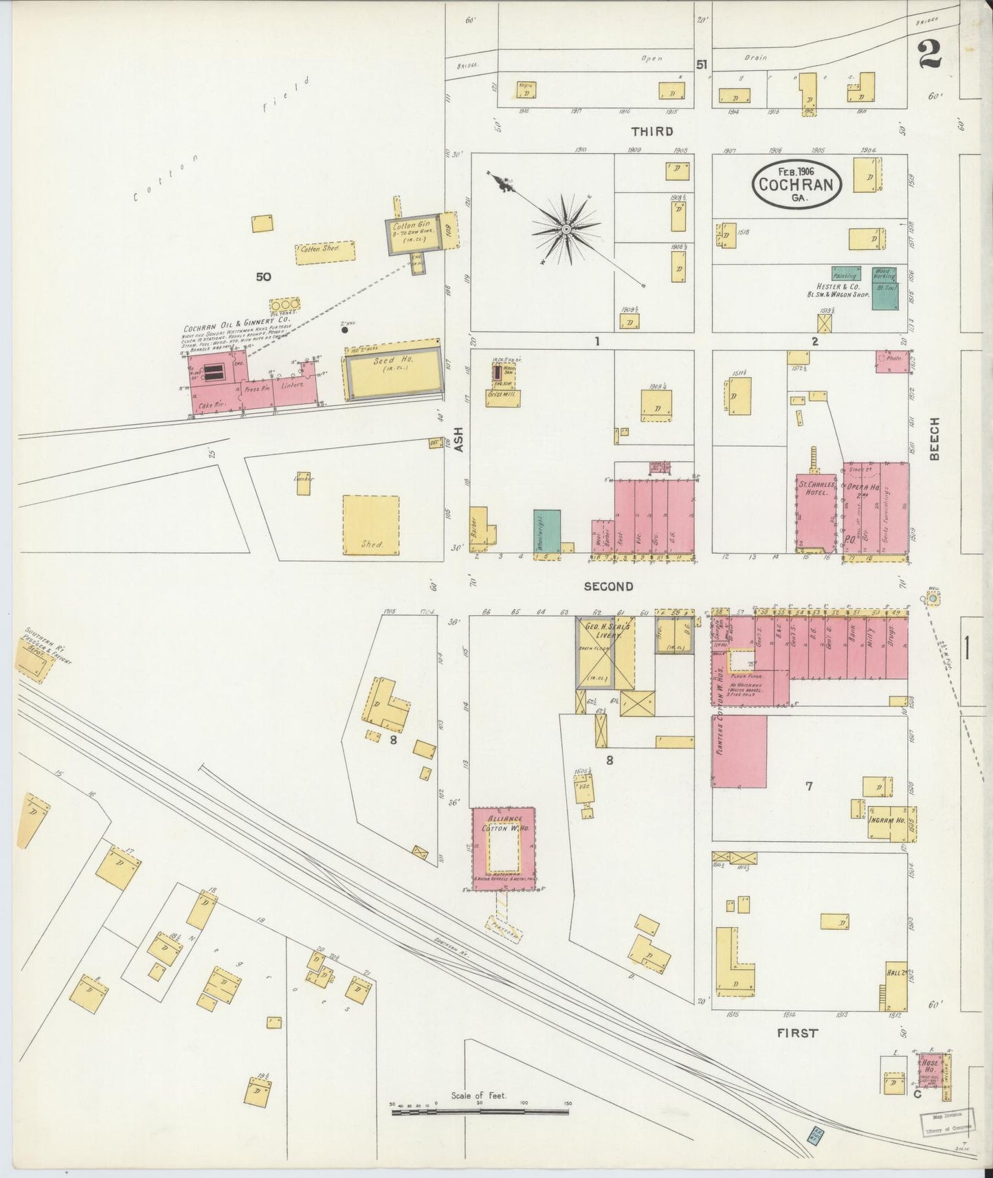 Sanborn Fire Insurance Map from Cochran, Bleckley County, Georgia (1906), Sheet #0002 - Historic Sanborn Fire Insurance Map Print, vintage old map wall art, antique decor, genealogy gift, Georgia Georgia map