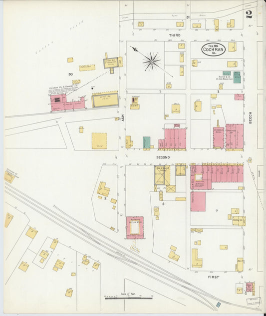 Sanborn Fire Insurance Map from Cochran, Bleckley County, Georgia (1906), Sheet #0002 - Historic Sanborn Fire Insurance Map Print, vintage old map wall art, antique decor, genealogy gift, Georgia Georgia map