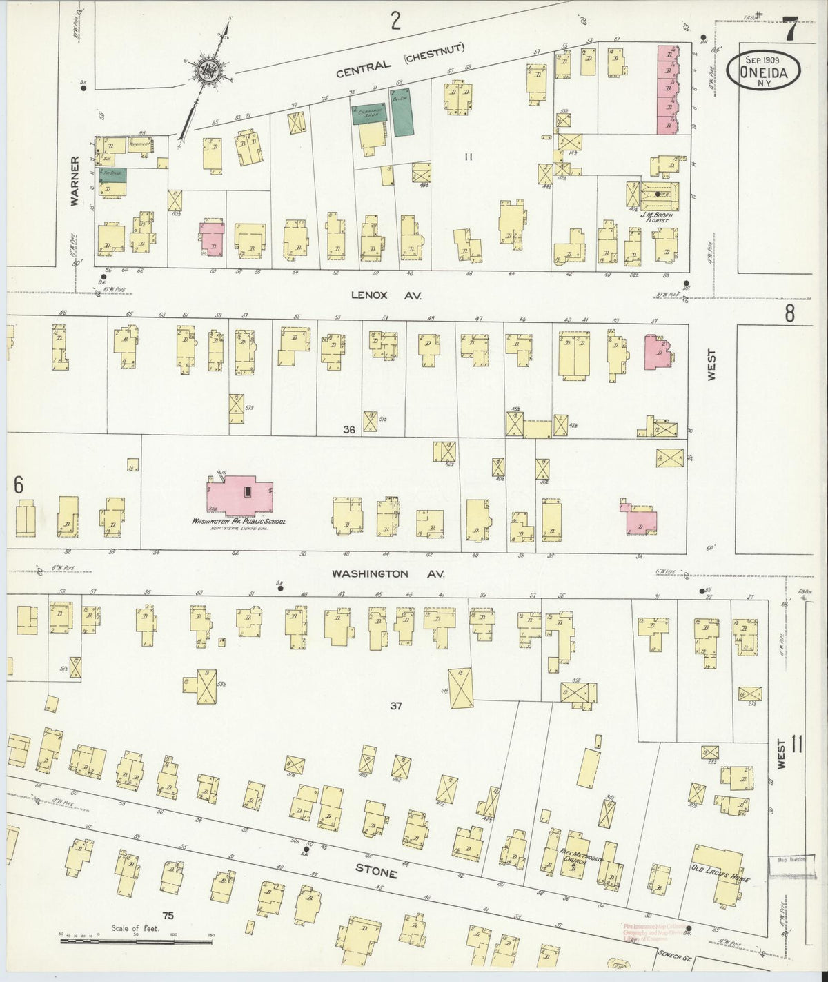 Sanborn Fire Insurance Map from Oneida, Madison County, New York (1909), Sheet #0007 - Historic Sanborn Fire Insurance Map Print, vintage old map wall art, antique decor, genealogy gift, New York New York map