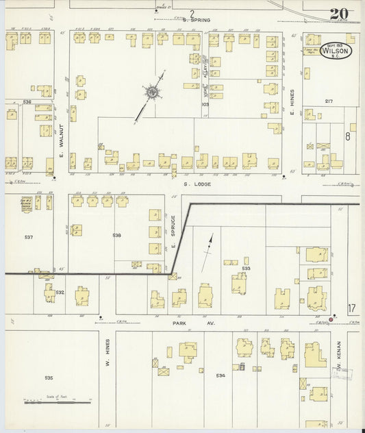 Sanborn Fire Insurance Map from Wilson, Wilson County, North Carolina (1913), Sheet #0020 - Historic Sanborn Fire Insurance Map Print, vintage old map wall art, antique decor, genealogy gift, North Carolina North Carolina map