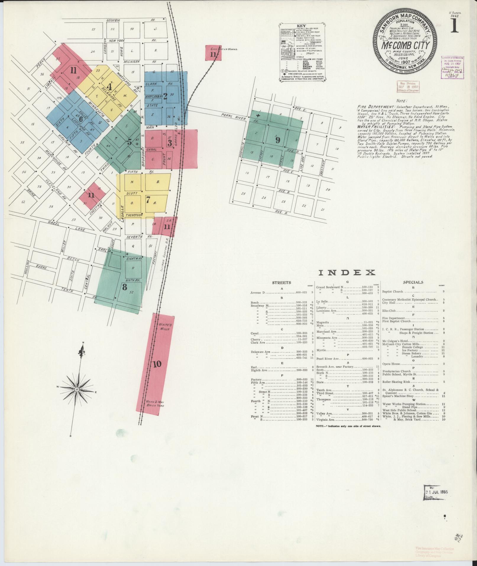 Sanborn Fire Insurance Map from McComb, Pike County, Mississippi (1907), Sheet #0001 - Complete Map Set gallery image, historic Sanborn map, vintage wall art, Mississippi Mississippi
