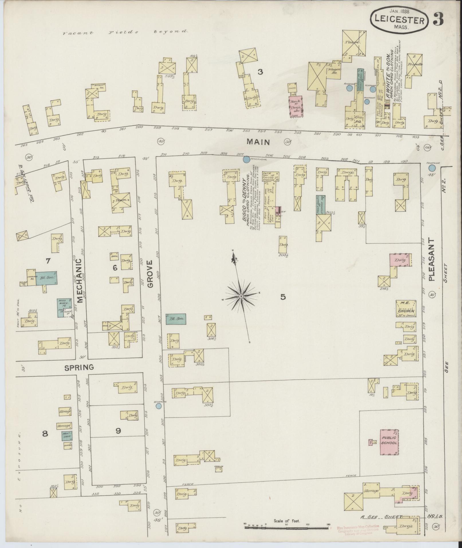 Sanborn Fire Insurance Map from Leicester, Worcester County, Massachusetts (1888), Sheet #0003 - Historic Sanborn Fire Insurance Map Print, vintage old map wall art, antique decor, genealogy gift, Massachusetts Massachusetts map