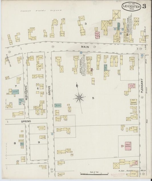 Sanborn Fire Insurance Map from Leicester, Worcester County, Massachusetts (1888), Sheet #0003 - Historic Sanborn Fire Insurance Map Print, vintage old map wall art, antique decor, genealogy gift, Massachusetts Massachusetts map