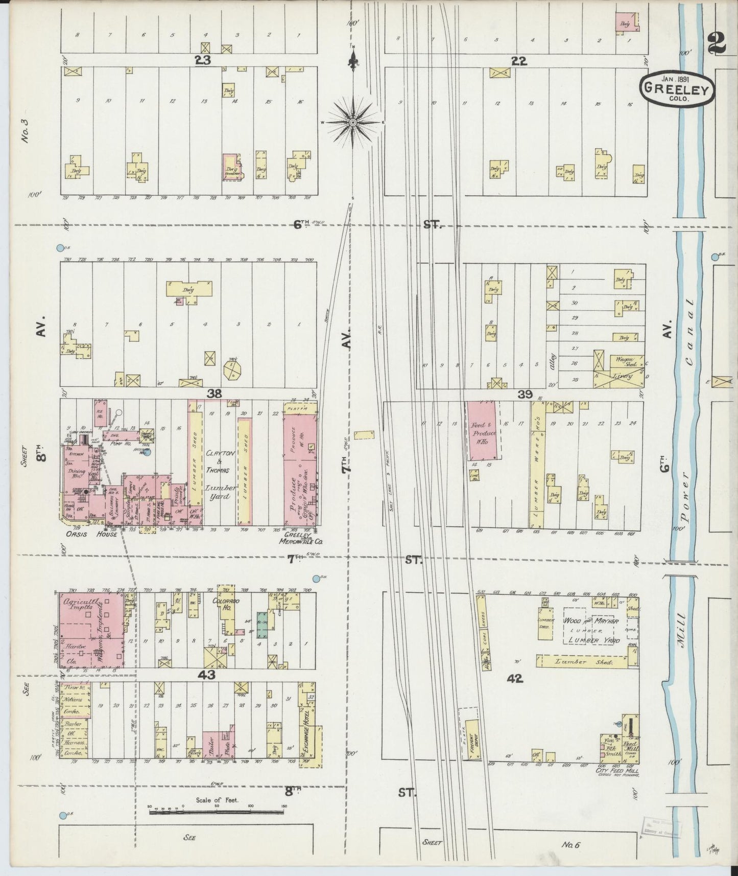 Sanborn Fire Insurance Map from Greeley, Weld County, Colorado (1891), Sheet #0002 - Historic Sanborn Fire Insurance Map Print, vintage old map wall art, antique decor, genealogy gift, Colorado Colorado map