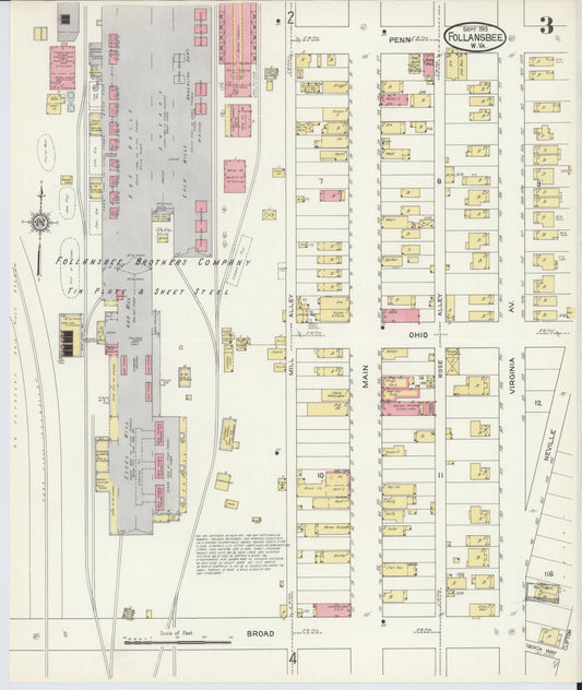 Sanborn Fire Insurance Map from Follansbee, Brooke County, West Virginia (1913), Sheet #0003 - Historic Sanborn Fire Insurance Map Print, vintage old map wall art, antique decor, genealogy gift, West Virginia West Virginia map