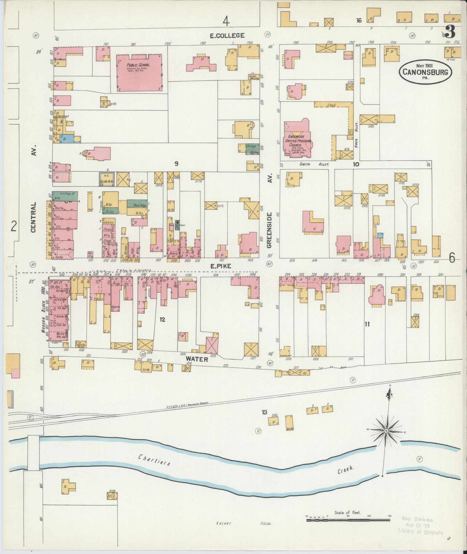 Sanborn Fire Insurance Map from Canonsburg, Washington County, Pennsylvania (1901), Sheet #0003 - Historic Sanborn Fire Insurance Map Print, vintage old map wall art, antique decor, genealogy gift, Pennsylvania Pennsylvania map