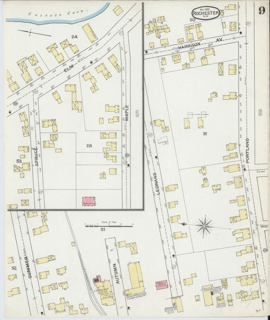 Sanborn Fire Insurance Map from Rochester, Strafford County, New Hampshire (1892), Sheet #0009 - Historic Sanborn Fire Insurance Map Print, vintage old map wall art, antique decor, genealogy gift, New Hampshire New Hampshire map