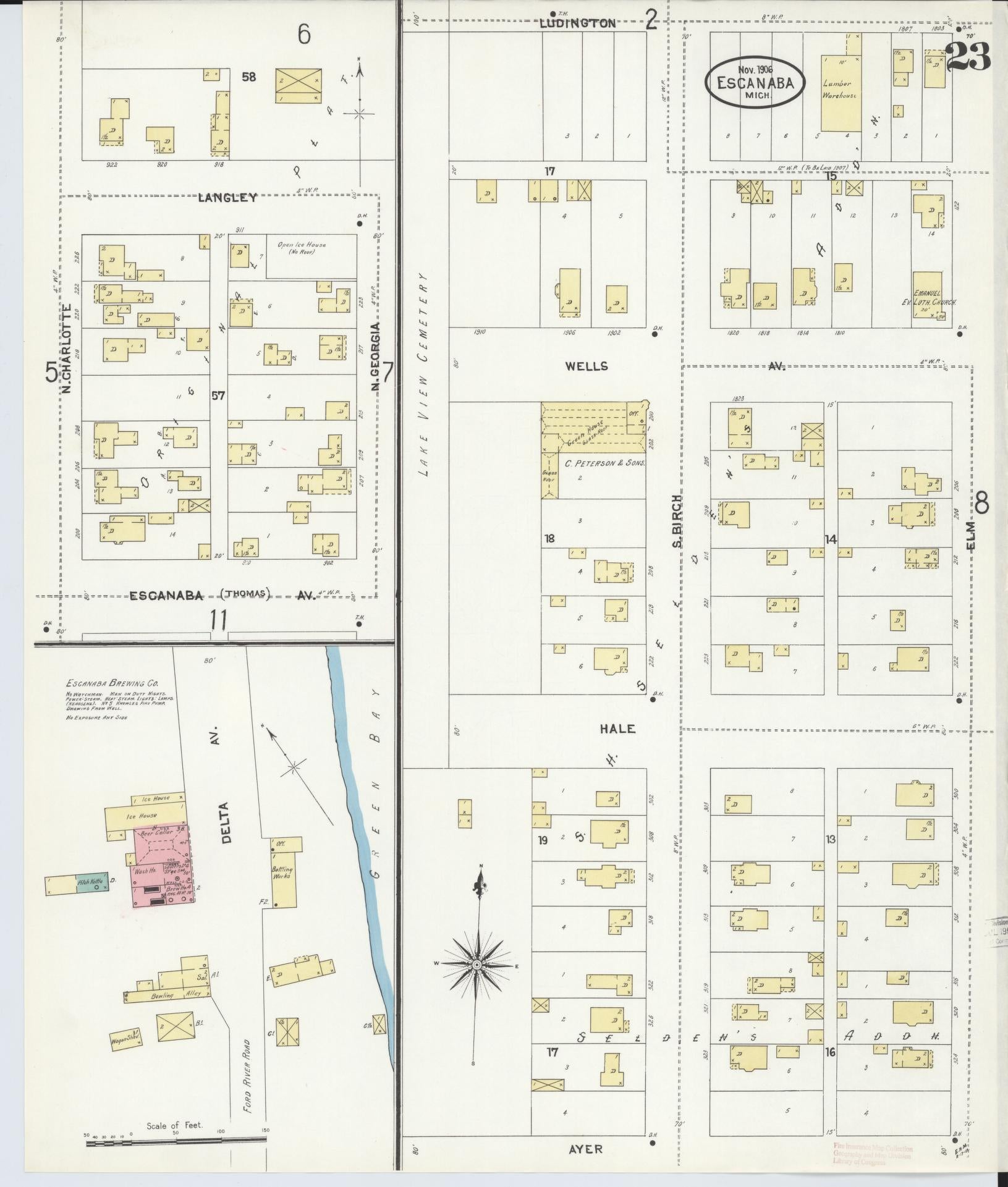 Sanborn Fire Insurance Map from Escanaba, Delta County, Michigan (1906), Sheet #0023 - Complete Map Set gallery image, historic Sanborn map, vintage wall art, Michigan Michigan