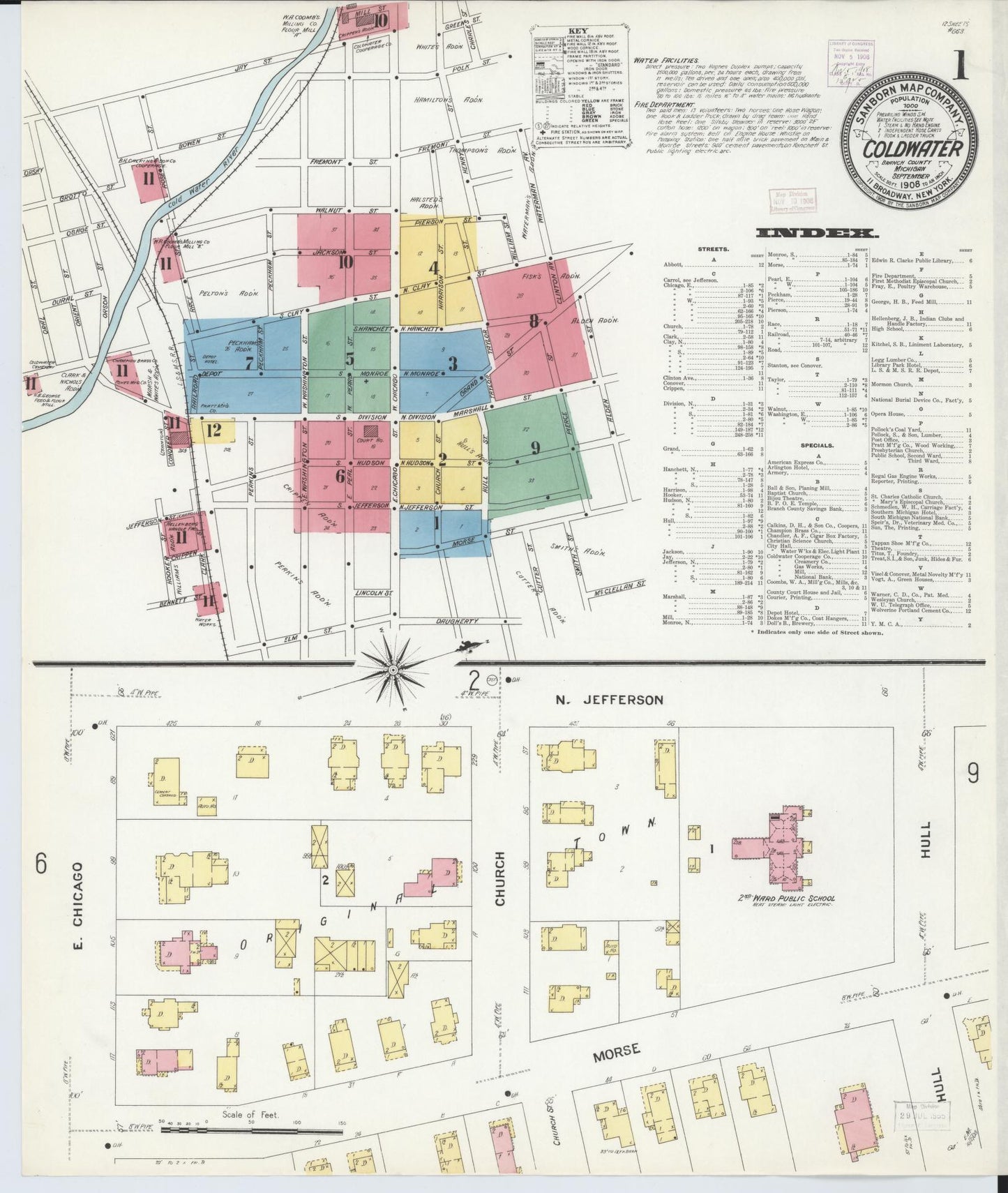 Sanborn Fire Insurance Map from Coldwater, Branch County, Michigan (1908), Sheet #0001 - Complete Map Set gallery image, historic Sanborn map, vintage wall art, Michigan Michigan