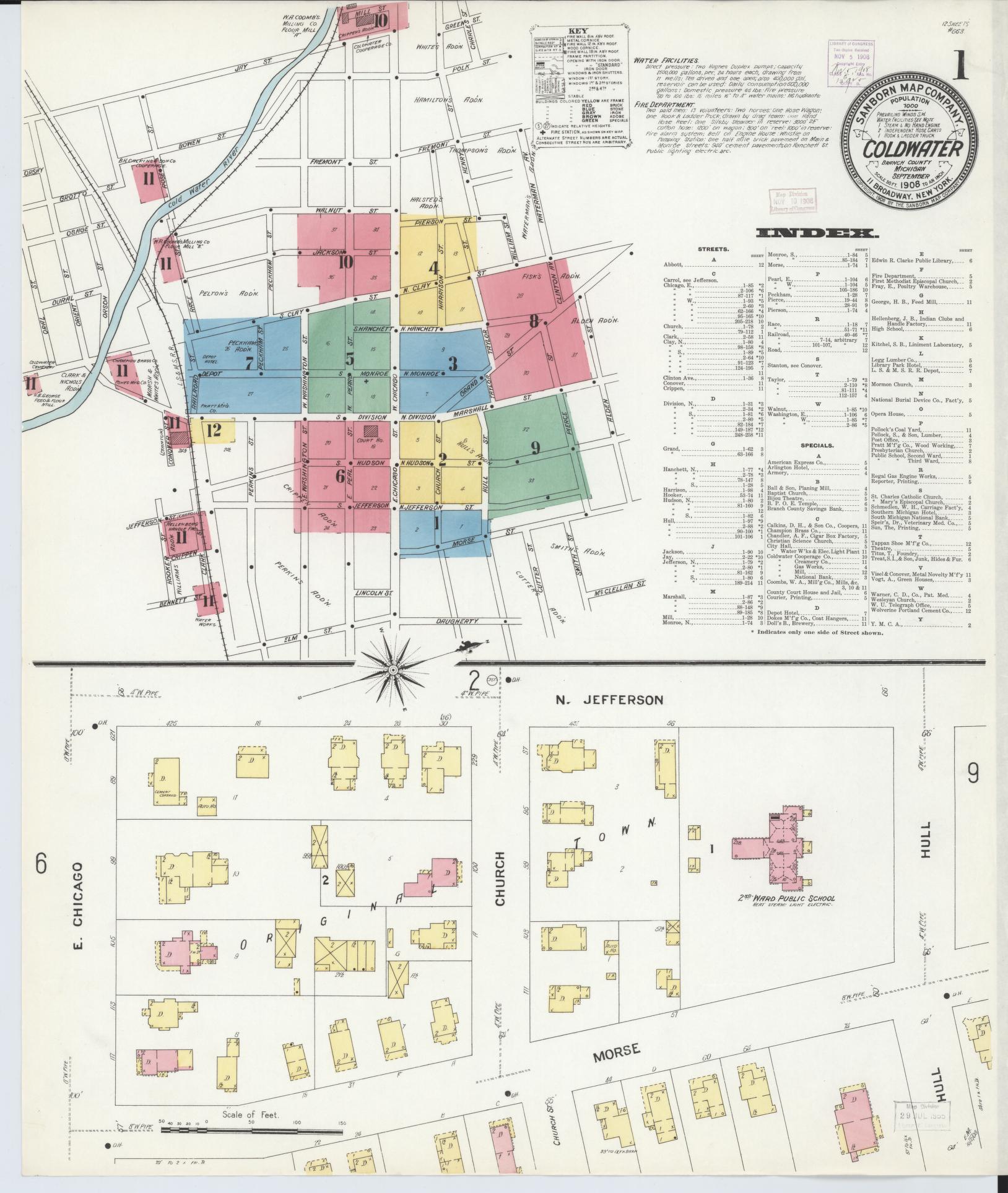 Sanborn Fire Insurance Map from Coldwater, Branch County, Michigan (1908), Sheet #0001 - Complete Map Set gallery image, historic Sanborn map, vintage wall art, Michigan Michigan