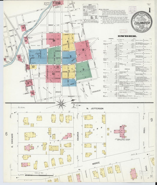 Sanborn Fire Insurance Map from Coldwater, Branch County, Michigan (1908), Sheet #0001 - Complete Map Set gallery image, historic Sanborn map, vintage wall art, Michigan Michigan