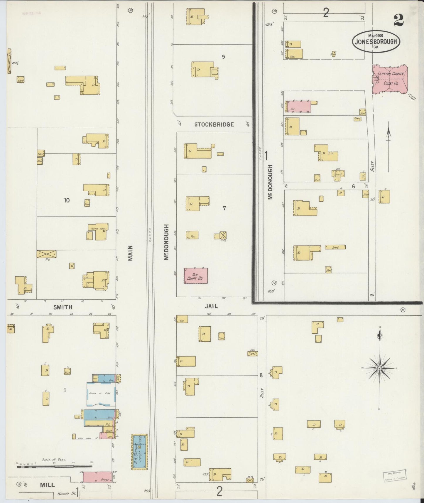 Sanborn Fire Insurance Map from Jonesboro, Clayton County, Georgia (1900), Sheet #0002 - Historic Sanborn Fire Insurance Map Print, vintage old map wall art, antique decor, genealogy gift, Georgia Georgia map