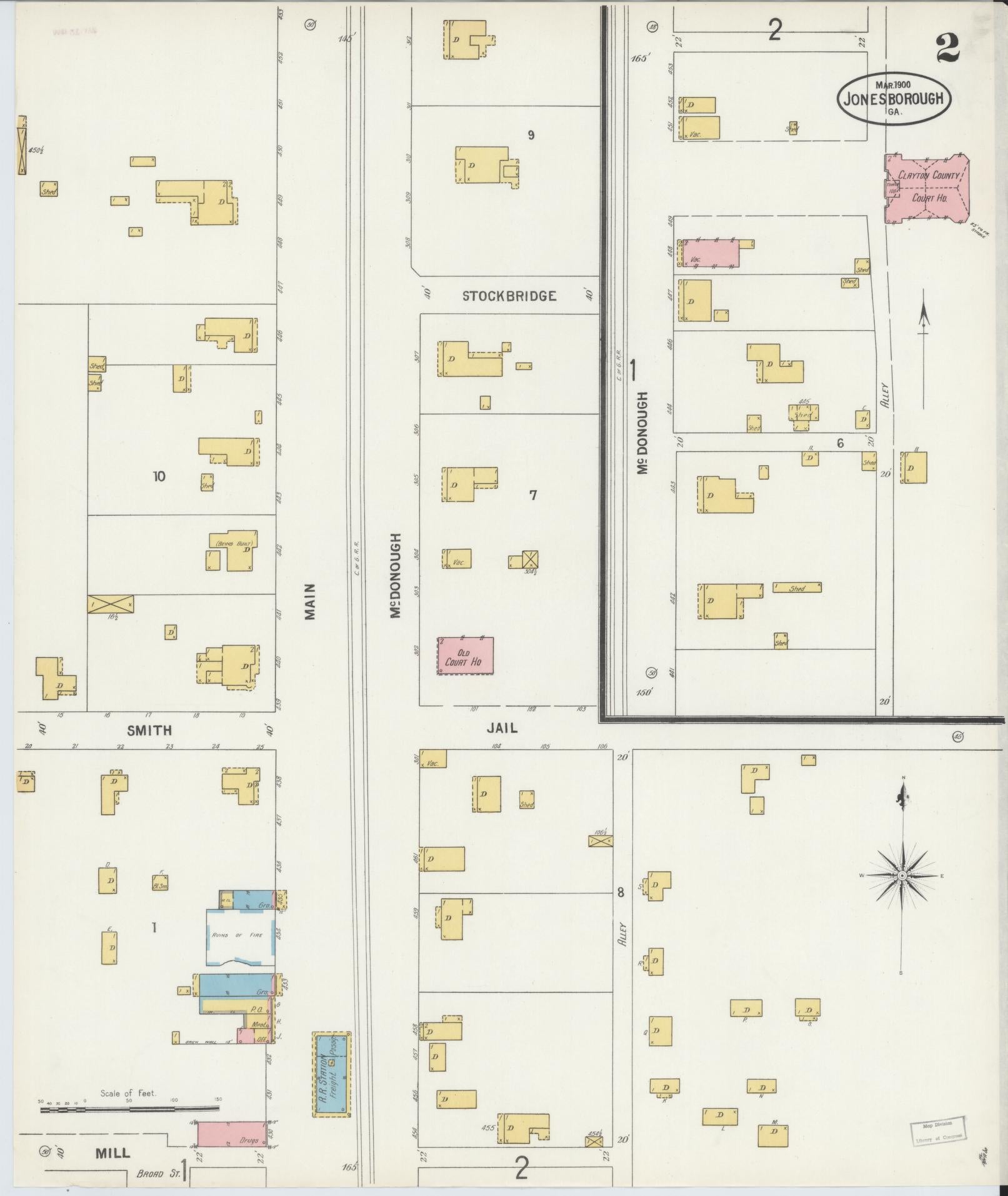 Sanborn Fire Insurance Map from Jonesboro, Clayton County, Georgia (1900), Sheet #0002 - Historic Sanborn Fire Insurance Map Print, vintage old map wall art, antique decor, genealogy gift, Georgia Georgia map