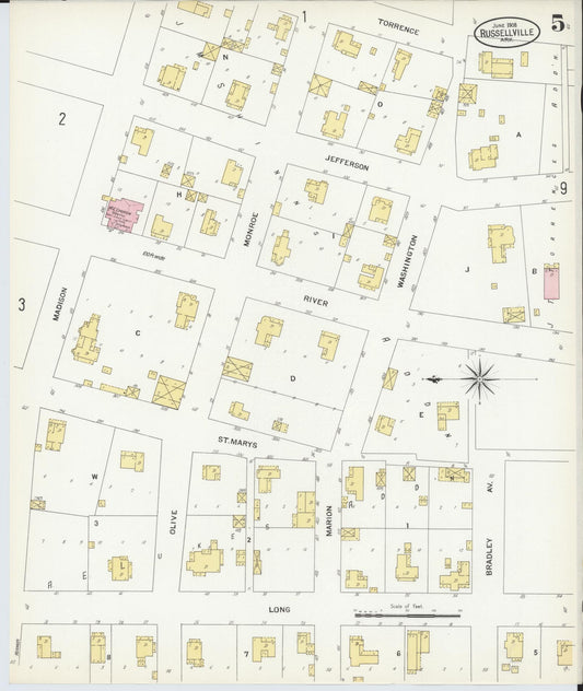 Sanborn Fire Insurance Map from Russellville, Pope County, Arkansas (1908), Sheet #0005 - Historic Sanborn Fire Insurance Map Print, vintage old map wall art, antique decor, genealogy gift, Arkansas Arkansas map