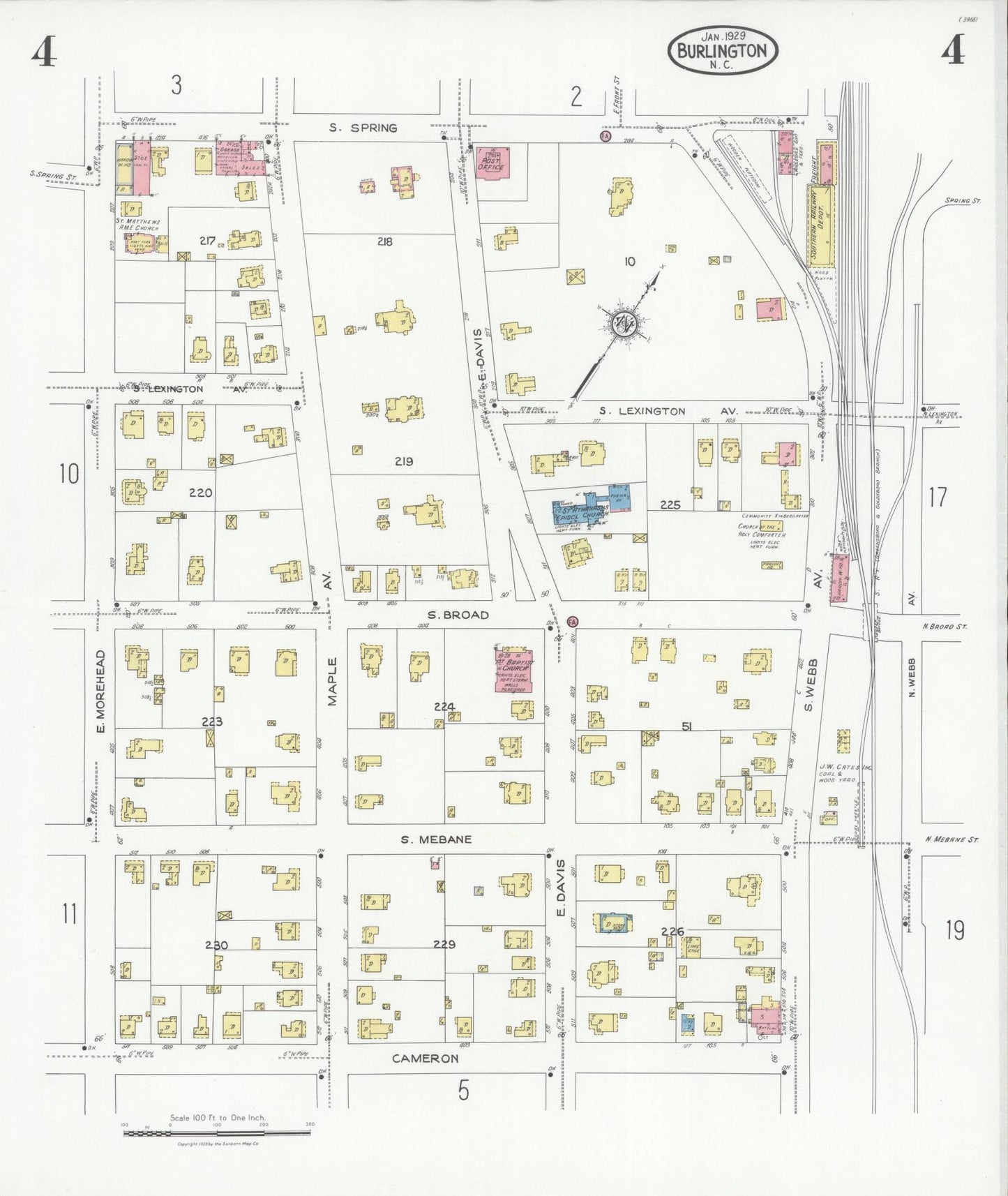 Sanborn Fire Insurance Map from Burlington, Alamance County, North Carolina (1929), Sheet #0004 - Historic Sanborn Fire Insurance Map Print, vintage old map wall art, antique decor, genealogy gift, North Carolina North Carolina map