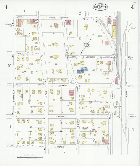 Sanborn Fire Insurance Map from Burlington, Alamance County, North Carolina (1929), Sheet #0004 - Historic Sanborn Fire Insurance Map Print, vintage old map wall art, antique decor, genealogy gift, North Carolina North Carolina map