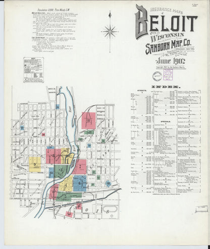 Sanborn Fire Insurance Map from Beloit, Rock County, Wisconsin (1902), Sheet #0001 - Historic Sanborn Fire Insurance Map Print, vintage old map wall art, antique decor, genealogy gift, Wisconsin Wisconsin map