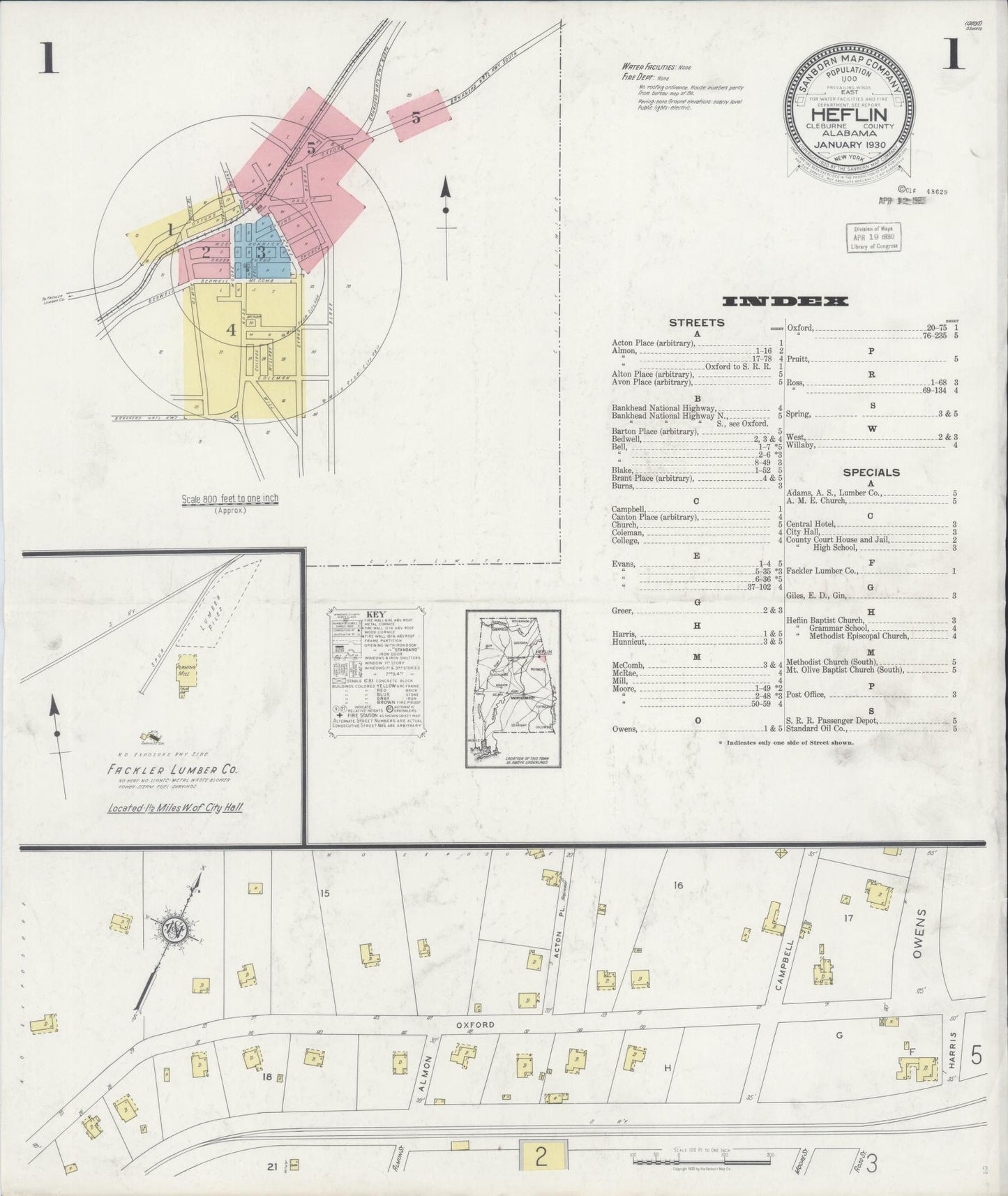 Sanborn Fire Insurance Map from Heflin, Cleburne County, Alabama (1930), Sheet #0001 - Complete Map Set gallery image, historic Sanborn map, vintage wall art, Alabama Alabama