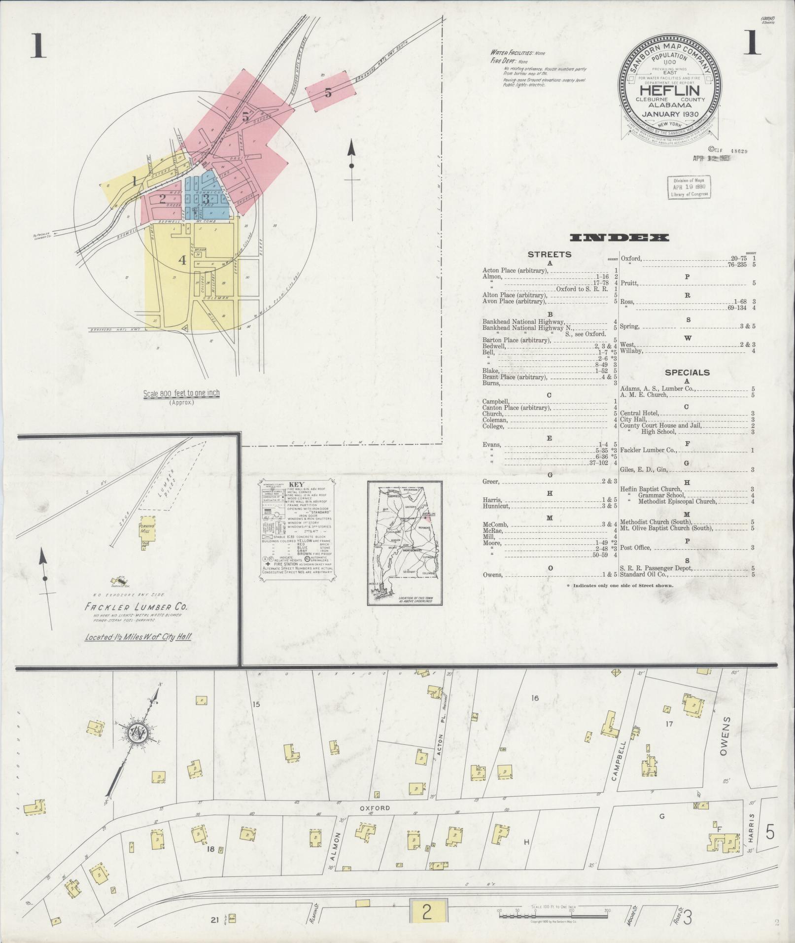 Sanborn Fire Insurance Map from Heflin, Cleburne County, Alabama (1930), Sheet #0001 - Complete Map Set gallery image, historic Sanborn map, vintage wall art, Alabama Alabama