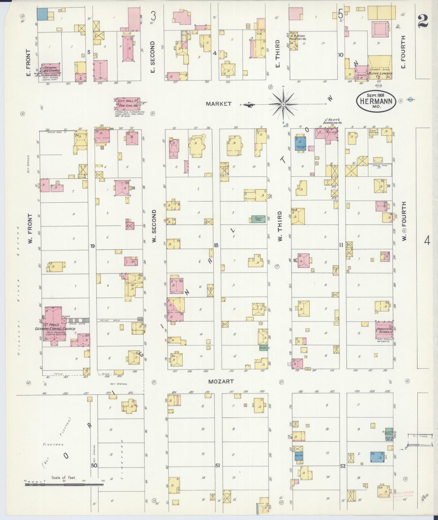 Sanborn Fire Insurance Map from Hermann, Gasconade County, Missouri (1908), Sheet #0002 - Complete Map Set gallery image, historic Sanborn map, vintage wall art, Missouri Missouri