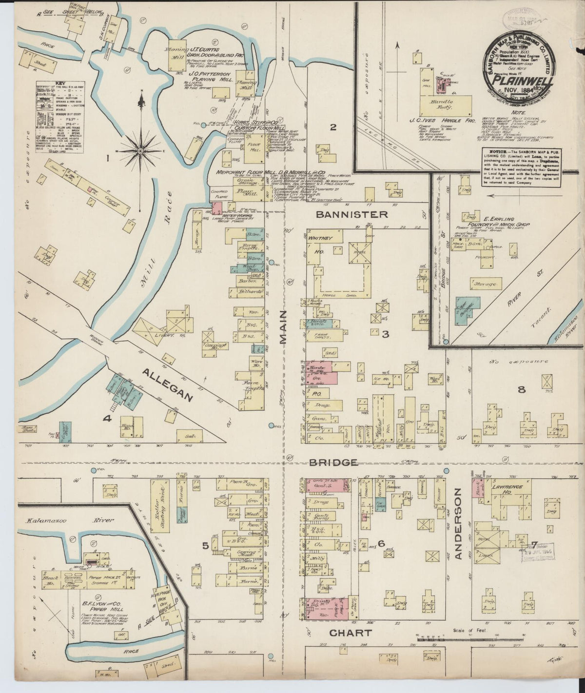 Sanborn Fire Insurance Map from Plainwell, Allegan County, Michigan (1884), Sheet #0001 - Historic Sanborn Fire Insurance Map Print, vintage old map wall art, antique decor, genealogy gift, Michigan Michigan map