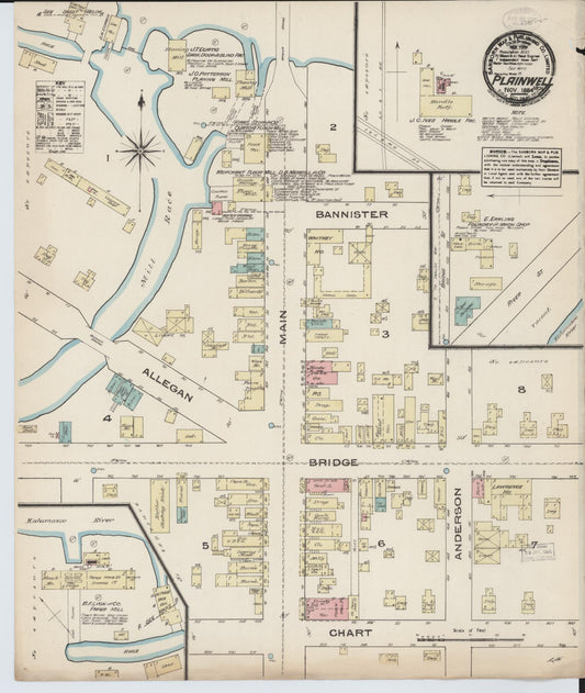 Sanborn Fire Insurance Map from Plainwell, Allegan County, Michigan (1884), Sheet #0001 - Historic Sanborn Fire Insurance Map Print, vintage old map wall art, antique decor, genealogy gift, Michigan Michigan map