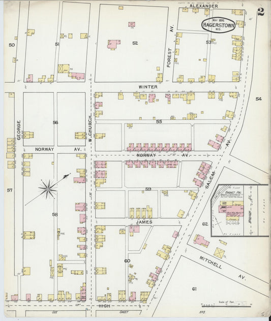 Washington, Maryland - 1892 - Sanborn Fire Insurance Map, Sheet #0002 - Historic Sanborn Fire Insurance Map Print, Washington Maryland 1892 0002 vintage old map wall art