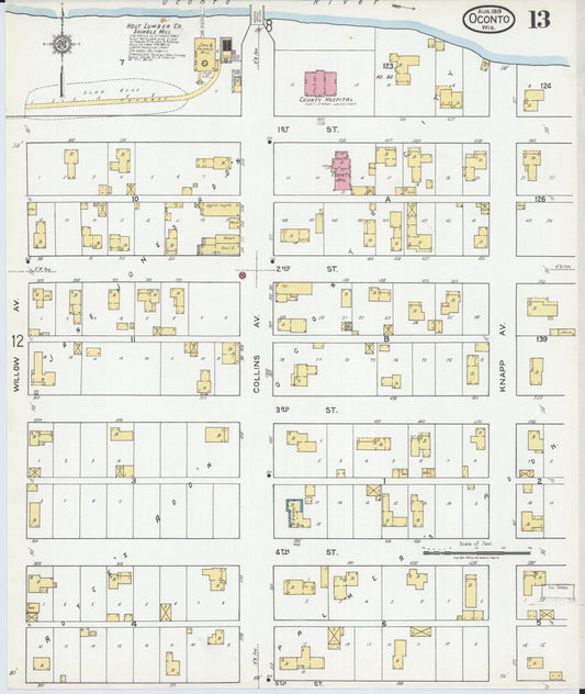 Sanborn Fire Insurance Map from Oconto, Oconto County, Wisconsin (1919), Sheet #0013 - Historic Sanborn Fire Insurance Map Print, vintage old map wall art, antique decor, genealogy gift, Wisconsin Wisconsin map