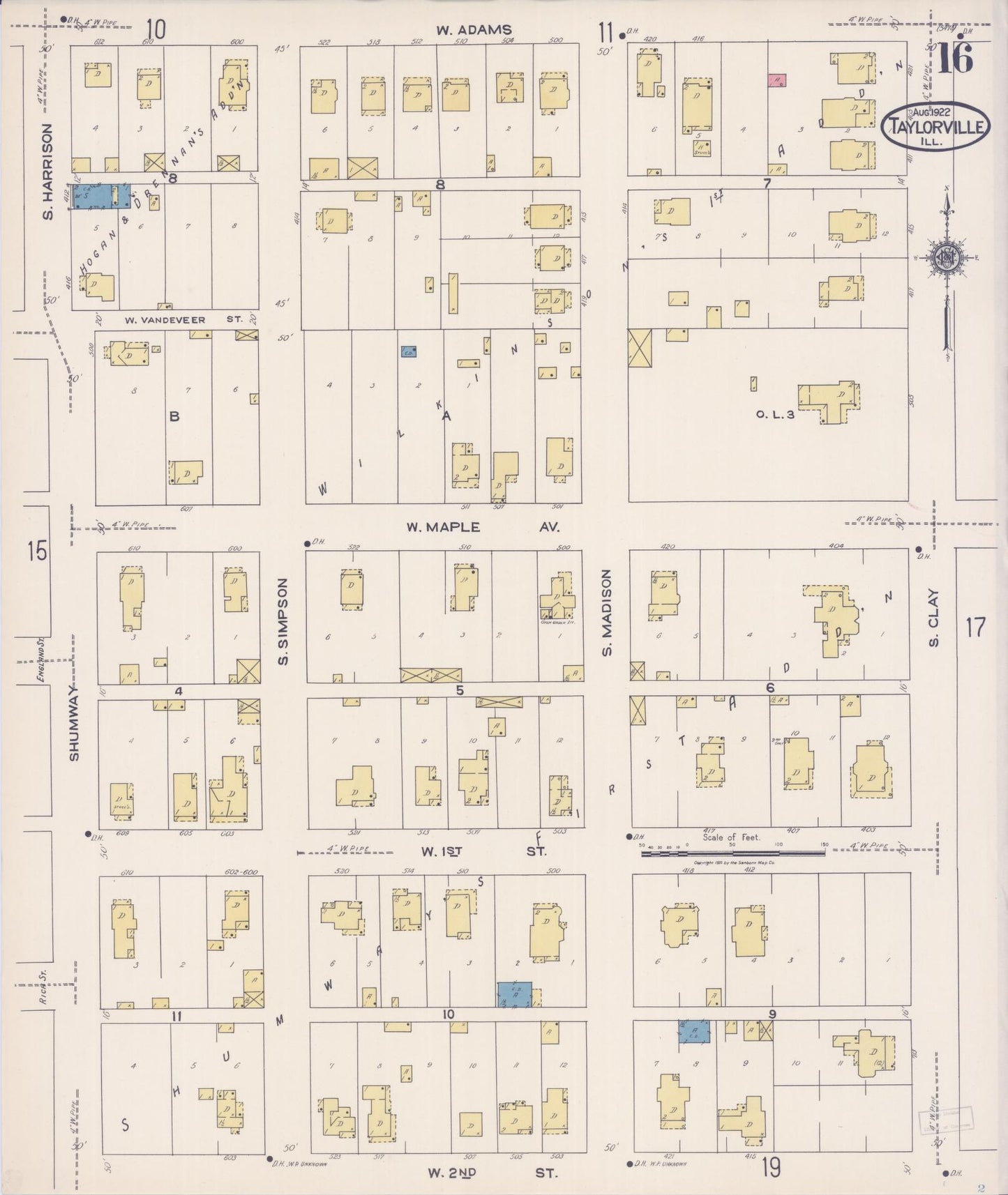 Sanborn Fire Insurance Map from Taylorville, Christian County, Illinois (1922), Sheet #0016 - Historic Sanborn Fire Insurance Map Print, vintage old map wall art, antique decor, genealogy gift, Illinois Illinois map