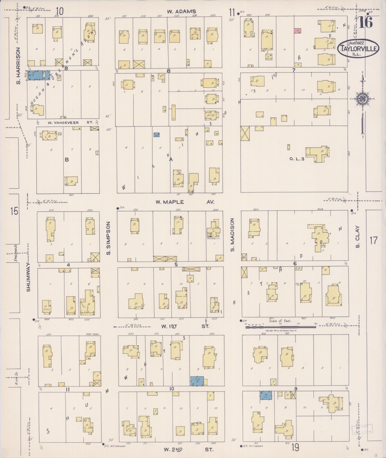 Sanborn Fire Insurance Map from Taylorville, Christian County, Illinois (1922), Sheet #0016 - Historic Sanborn Fire Insurance Map Print, vintage old map wall art, antique decor, genealogy gift, Illinois Illinois map