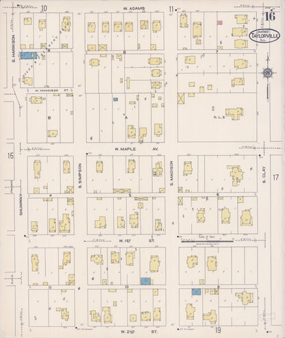 Sanborn Fire Insurance Map from Taylorville, Christian County, Illinois (1922), Sheet #0016 - Historic Sanborn Fire Insurance Map Print, vintage old map wall art, antique decor, genealogy gift, Illinois Illinois map