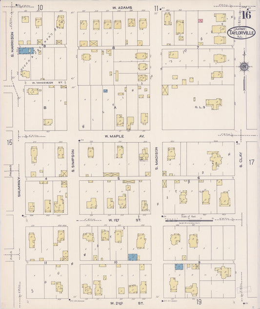 Sanborn Fire Insurance Map from Taylorville, Christian County, Illinois (1922), Sheet #0016 - Historic Sanborn Fire Insurance Map Print, vintage old map wall art, antique decor, genealogy gift, Illinois Illinois map