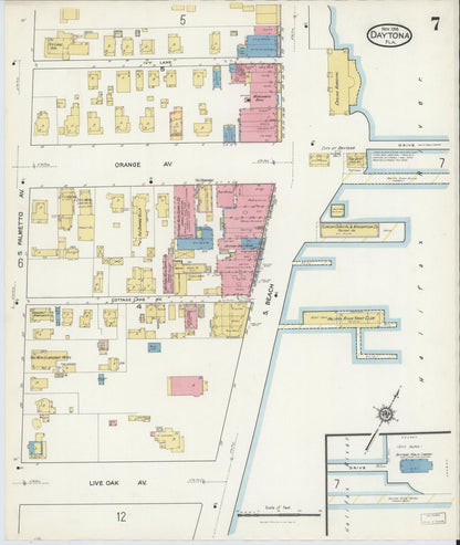 Sanborn Fire Insurance Map from Daytona, Volusia County, Florida (1916), Sheet #0007 - Historic Sanborn Fire Insurance Map Print, vintage old map wall art, antique decor, genealogy gift, Florida Florida map