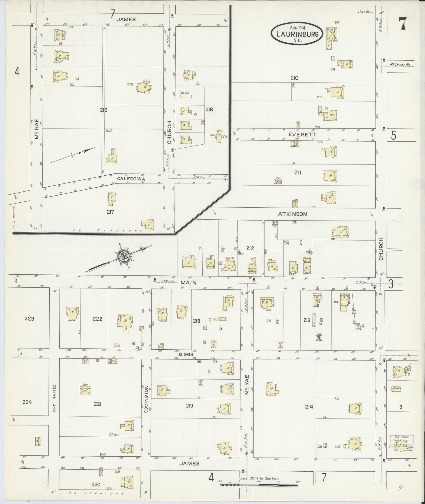 Sanborn Fire Insurance Map from Laurinburg, Scotland County, North Carolina (1914), Sheet #0007 - Complete Map Set gallery image, historic Sanborn map, vintage wall art, North Carolina North Carolina