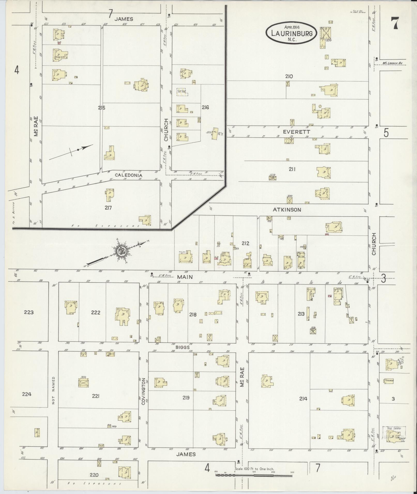 Sanborn Fire Insurance Map from Laurinburg, Scotland County, North Carolina (1914), Sheet #0007 - Complete Map Set gallery image, historic Sanborn map, vintage wall art, North Carolina North Carolina