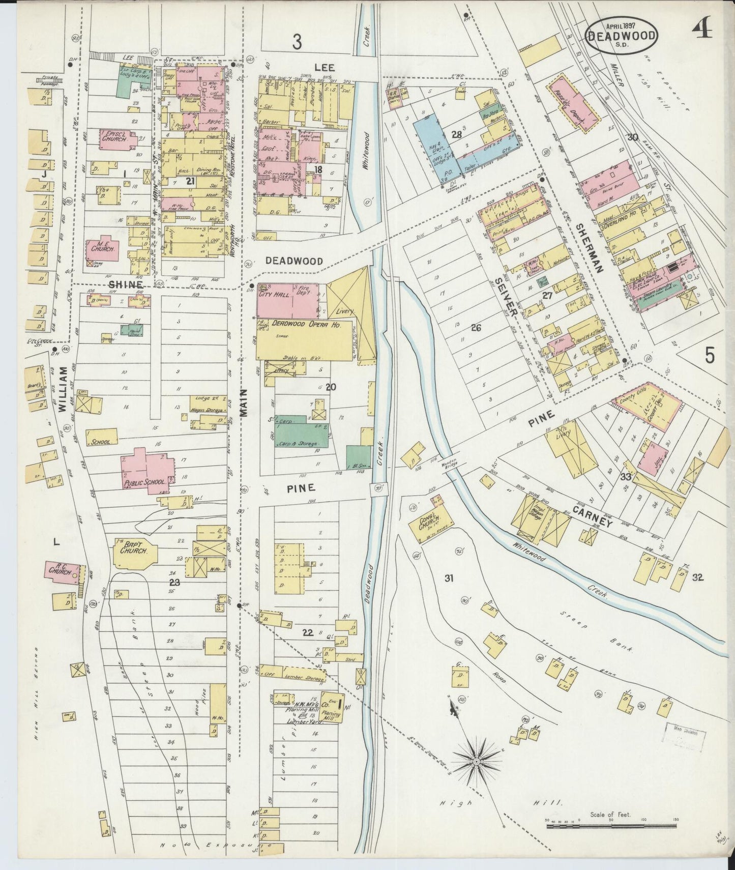 Sanborn Fire Insurance Map from Deadwood, Lawrence County, South Dakota (1897), Sheet #0004 - Complete Map Set gallery image, historic Sanborn map, vintage wall art, South Dakota South Dakota