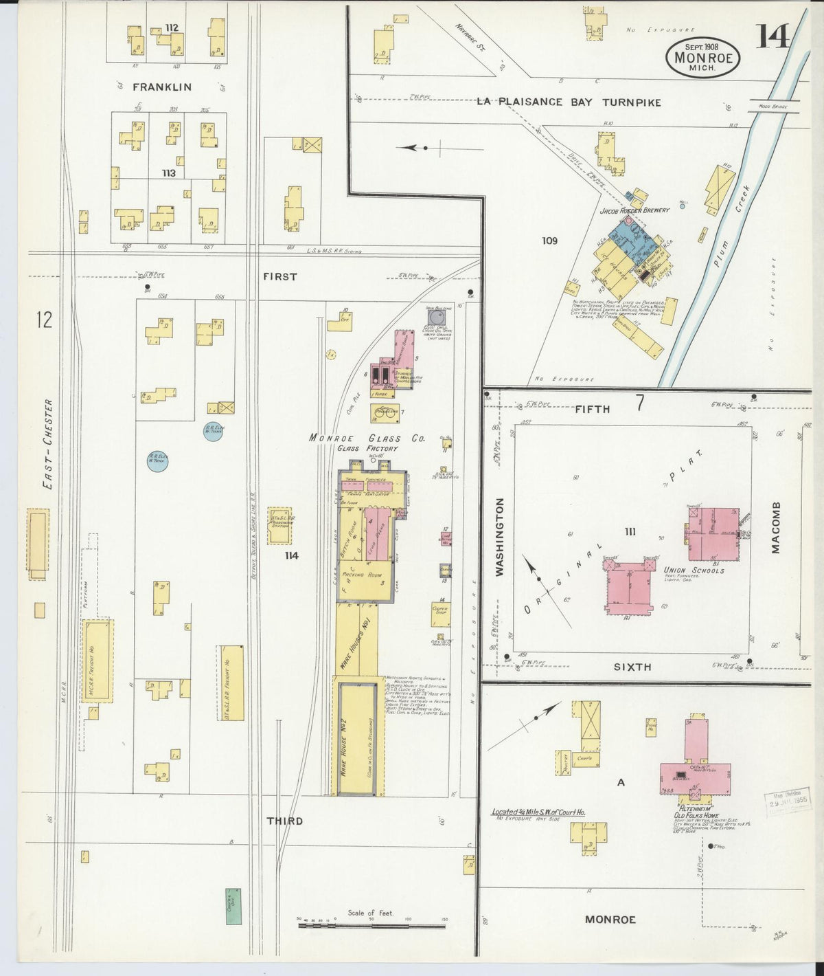 Sanborn Fire Insurance Map from Monroe, Monroe County, Michigan (1908), Sheet #0014 - Historic Sanborn Fire Insurance Map Print, vintage old map wall art, antique decor, genealogy gift, Michigan Michigan map