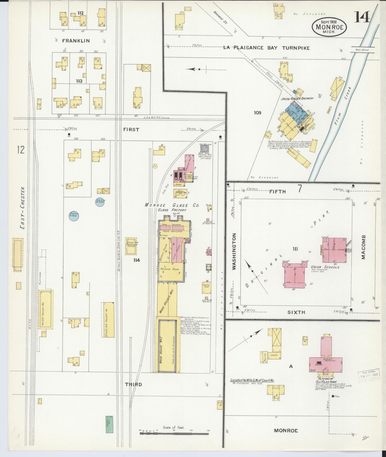 Sanborn Fire Insurance Map from Monroe, Monroe County, Michigan (1908), Sheet #0014 - Historic Sanborn Fire Insurance Map Print, vintage old map wall art, antique decor, genealogy gift, Michigan Michigan map