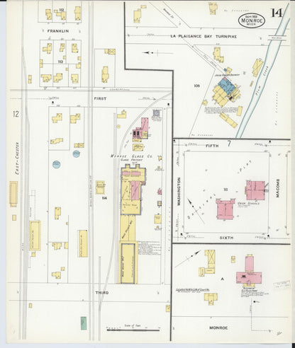 Sanborn Fire Insurance Map from Monroe, Monroe County, Michigan (1908), Sheet #0014 - Historic Sanborn Fire Insurance Map Print, vintage old map wall art, antique decor, genealogy gift, Michigan Michigan map