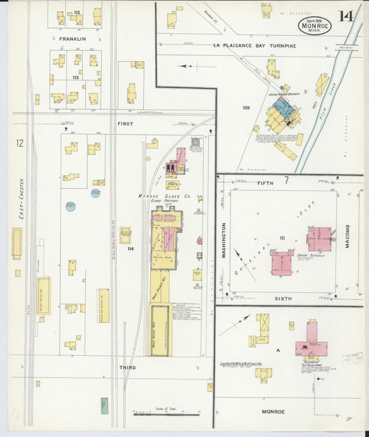 Sanborn Fire Insurance Map from Monroe, Monroe County, Michigan (1908), Sheet #0014 - Historic Sanborn Fire Insurance Map Print, vintage old map wall art, antique decor, genealogy gift, Michigan Michigan map