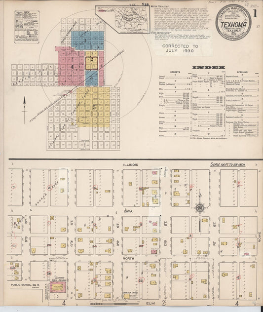 Sanborn Fire Insurance Map from Texhoma, Texas County, Oklahoma and Sherman County, Texas, Texas (1930), Sheet #0001 - Historic Sanborn Fire Insurance Map Print, vintage old map wall art, antique decor, genealogy gift, Oklahoma Oklahoma map