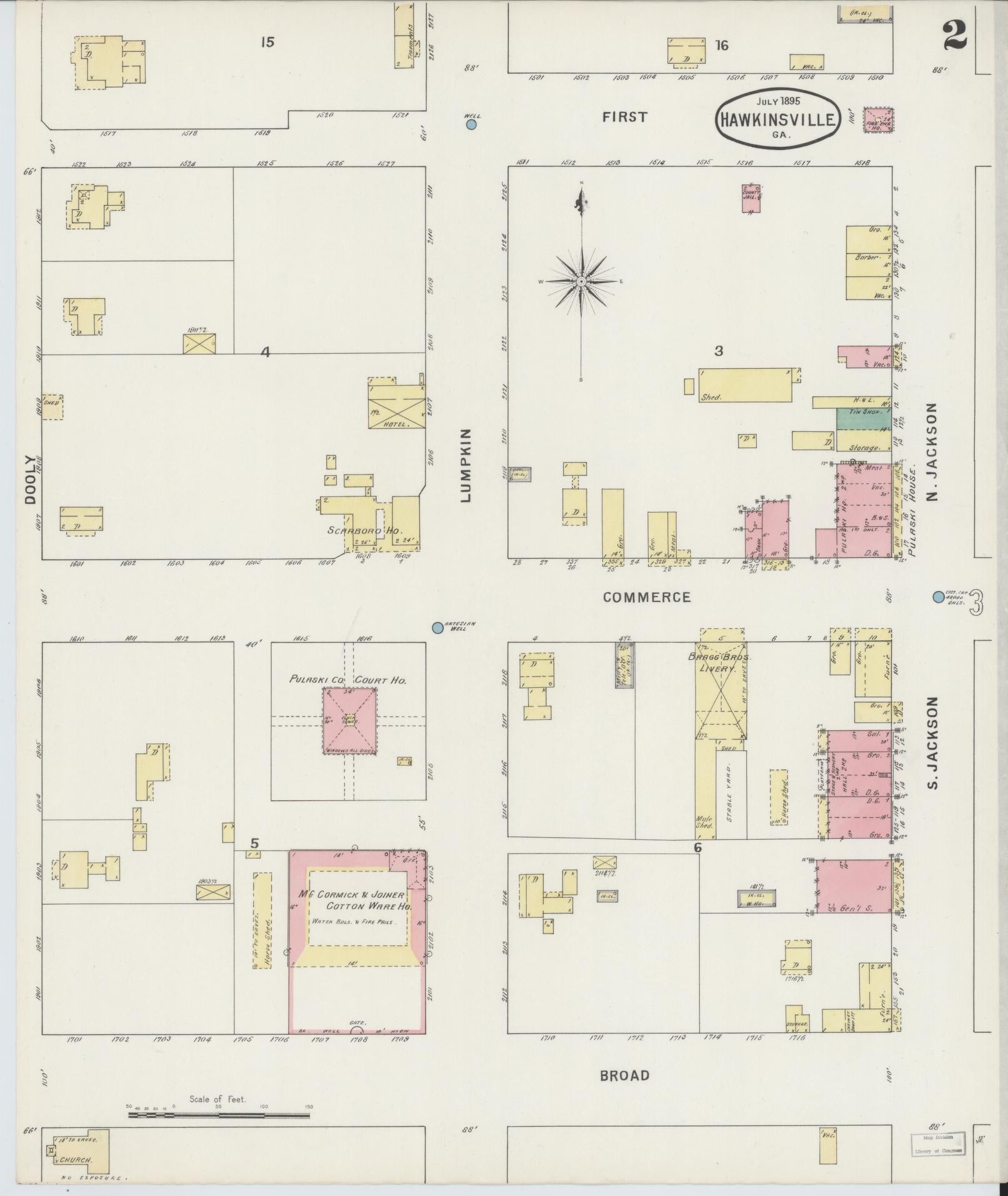 Sanborn Fire Insurance Map from Hawkinsville, Pulaski County, Georgia (1895), Sheet #0002 - Historic Sanborn Fire Insurance Map Print, vintage old map wall art, antique decor, genealogy gift, Georgia Georgia map