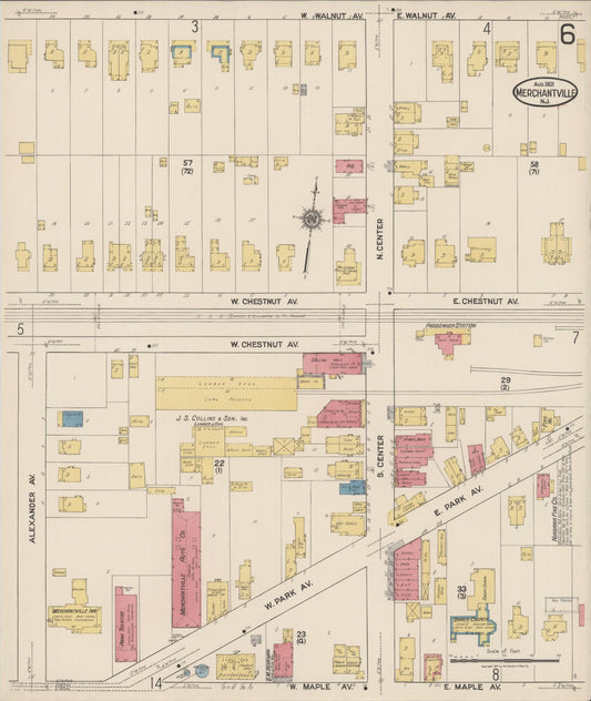 Sanborn Fire Insurance Map from Merchantville, Camden County, New Jersey (1921), Sheet #0006 - Historic Sanborn Fire Insurance Map Print, vintage old map wall art, antique decor, genealogy gift, New Jersey New Jersey map