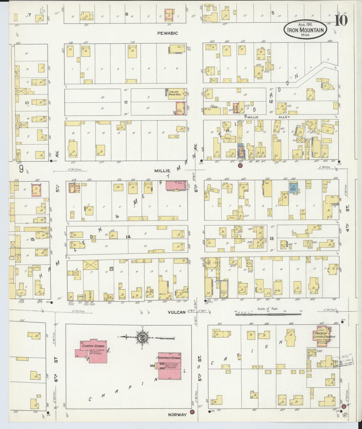 Sanborn Fire Insurance Map from Iron Mountain, Dickinson County, Michigan (1911), Sheet #0010 - Historic Sanborn Fire Insurance Map Print, vintage old map wall art, antique decor, genealogy gift, Michigan Michigan map