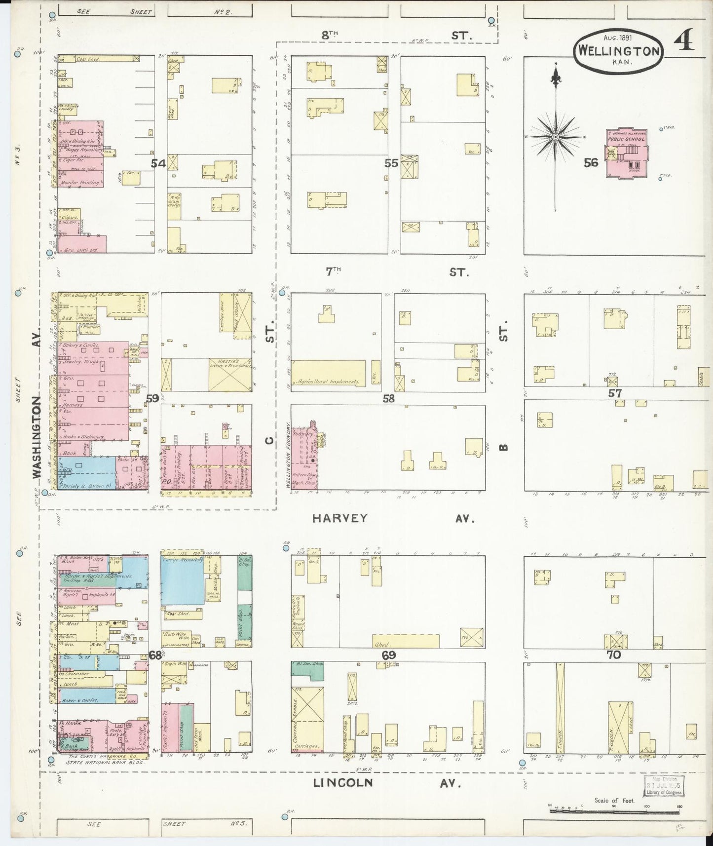Sanborn Fire Insurance Map from Wellington, Sumner County, Kansas (1891), Sheet #0004 - Complete Map Set gallery image, historic Sanborn map, vintage wall art, Kansas Kansas