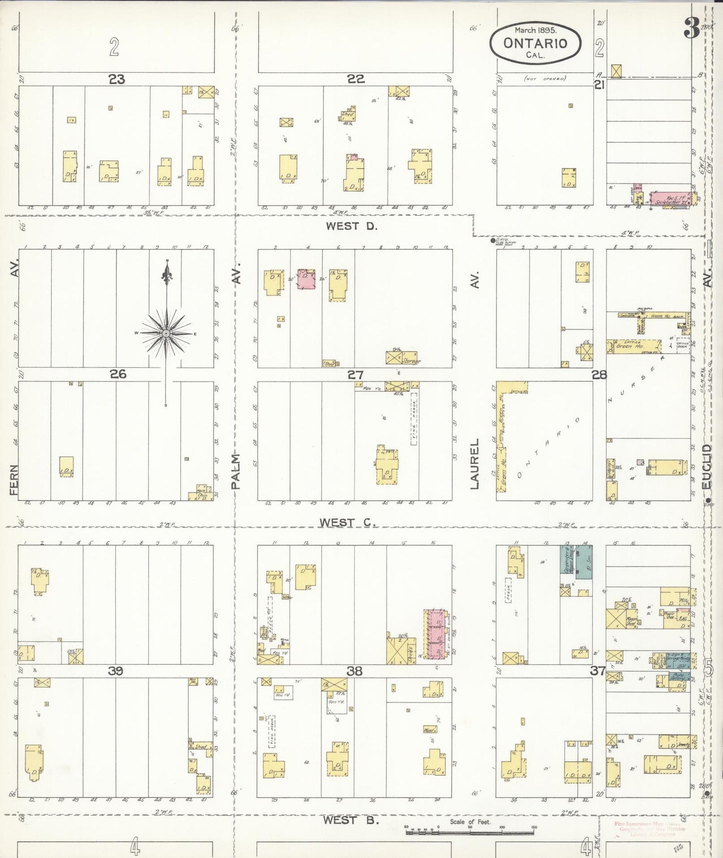 Sanborn Fire Insurance Map from Ontario, San Bernardino County, California (1895), Sheet #0003 - Complete Map Set gallery image, historic Sanborn map, vintage wall art, California California