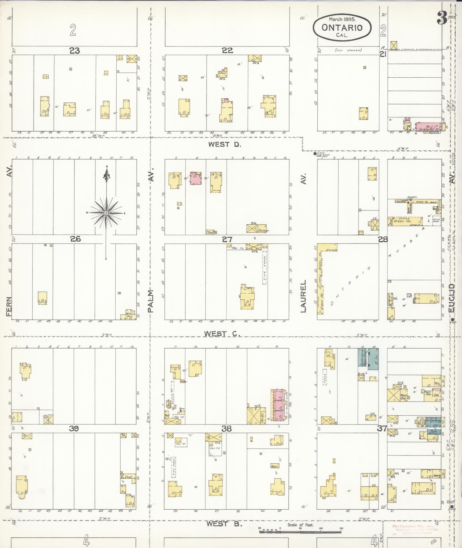 Sanborn Fire Insurance Map from Ontario, San Bernardino County, California (1895), Sheet #0003 - Complete Map Set gallery image, historic Sanborn map, vintage wall art, California California