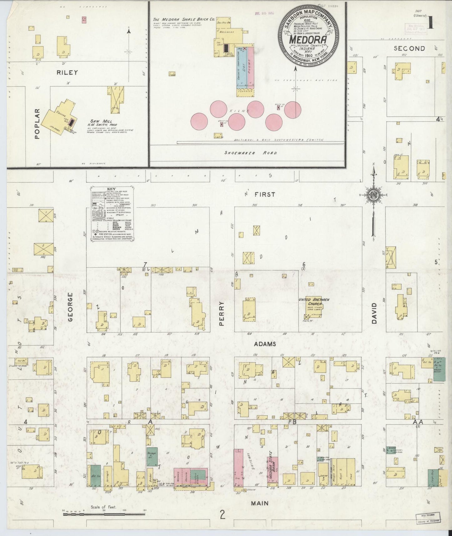 Sanborn Fire Insurance Map from Medora, Jackson County, Indiana (1910), Sheet #0001 - Historic Sanborn Fire Insurance Map Print, vintage old map wall art, antique decor, genealogy gift, Indiana Indiana map