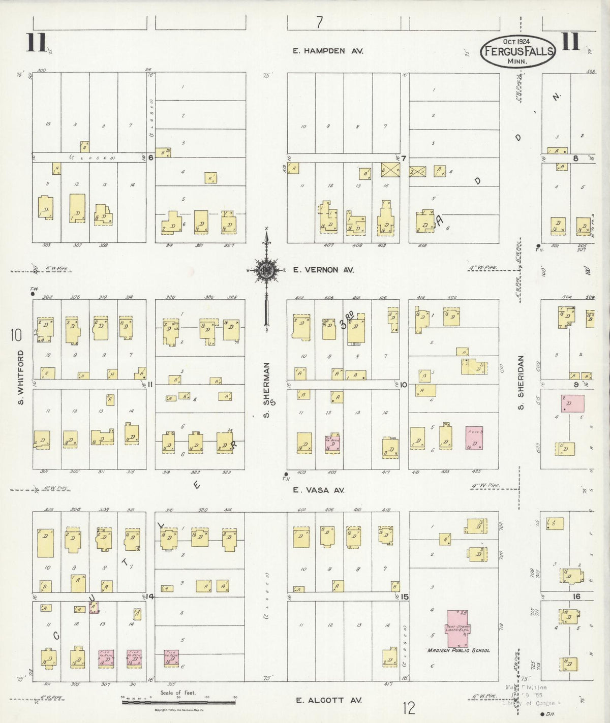Sanborn Fire Insurance Map from Fergus Falls, Otter Tail County, Minnesota (1924), Sheet #0011 - Historic Sanborn Fire Insurance Map Print, vintage old map wall art, antique decor, genealogy gift, Minnesota Minnesota map