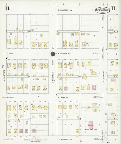 Sanborn Fire Insurance Map from Fergus Falls, Otter Tail County, Minnesota (1924), Sheet #0011 - Historic Sanborn Fire Insurance Map Print, vintage old map wall art, antique decor, genealogy gift, Minnesota Minnesota map